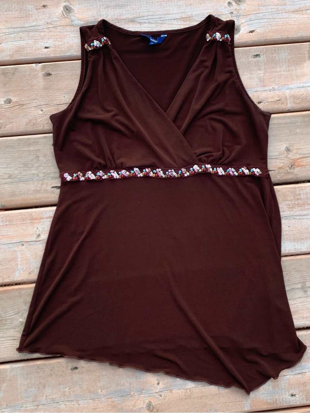 Vintage Y2K Brown Tank Embellished Empire Waist Babydoll v-neck asymmetric med